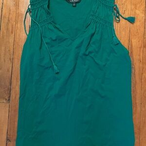 Ralph Lauren Green V-Neck Sleeveless Tank Top with Smocked Tie Front